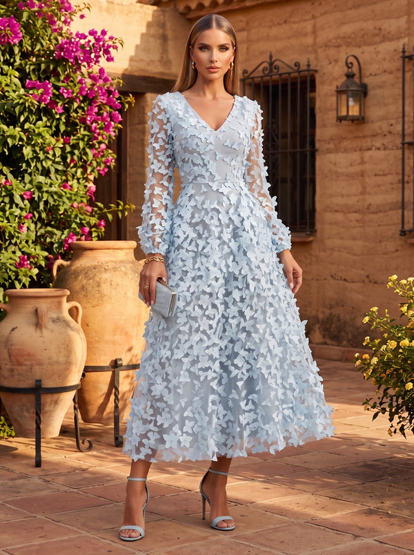 Tulle A-Line V Neck Long Sleeves Long Evening Dresses with 3D Flowers