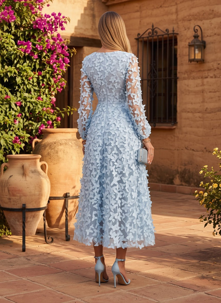 Tulle A-Line V Neck Long Sleeves Long Evening Dresses with 3D Flowers