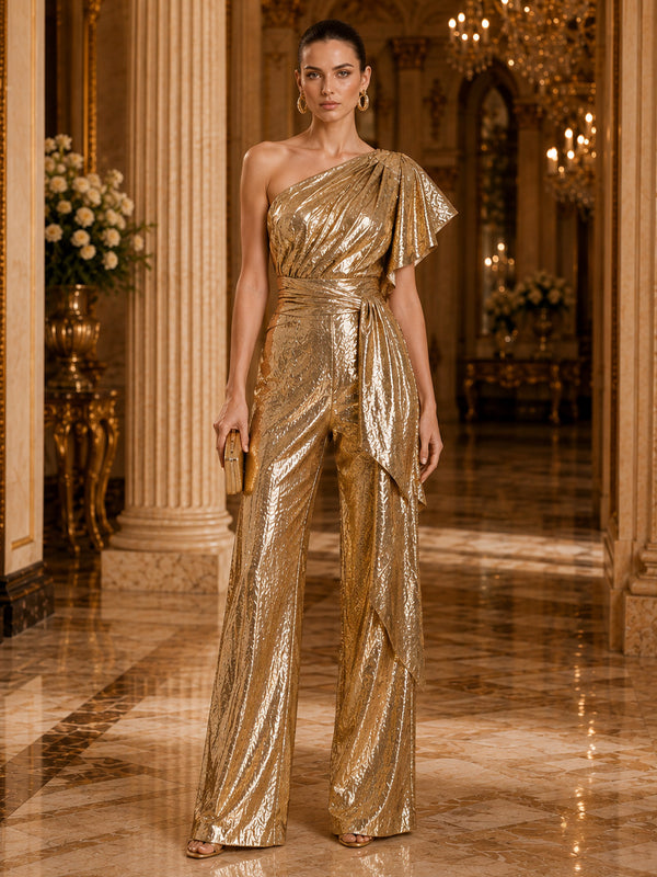 Sequin Jumpsuit One Shoulder Long Evening Dresses with Empire Waist