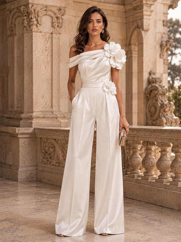 Satin Jumpsuit Off the Shoulder Long Evening Dresses with 3D Flowers