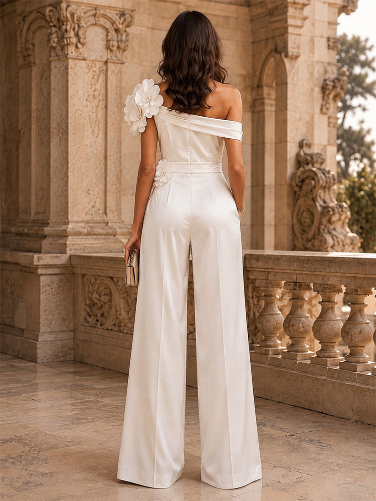 Satin Jumpsuit Off the Shoulder Long Evening Dresses with 3D Flowers