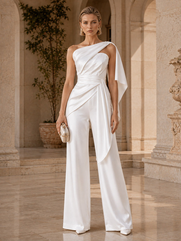 Satin Jumpsuit One Shoulder Long Evening Dresses with Empire Waist