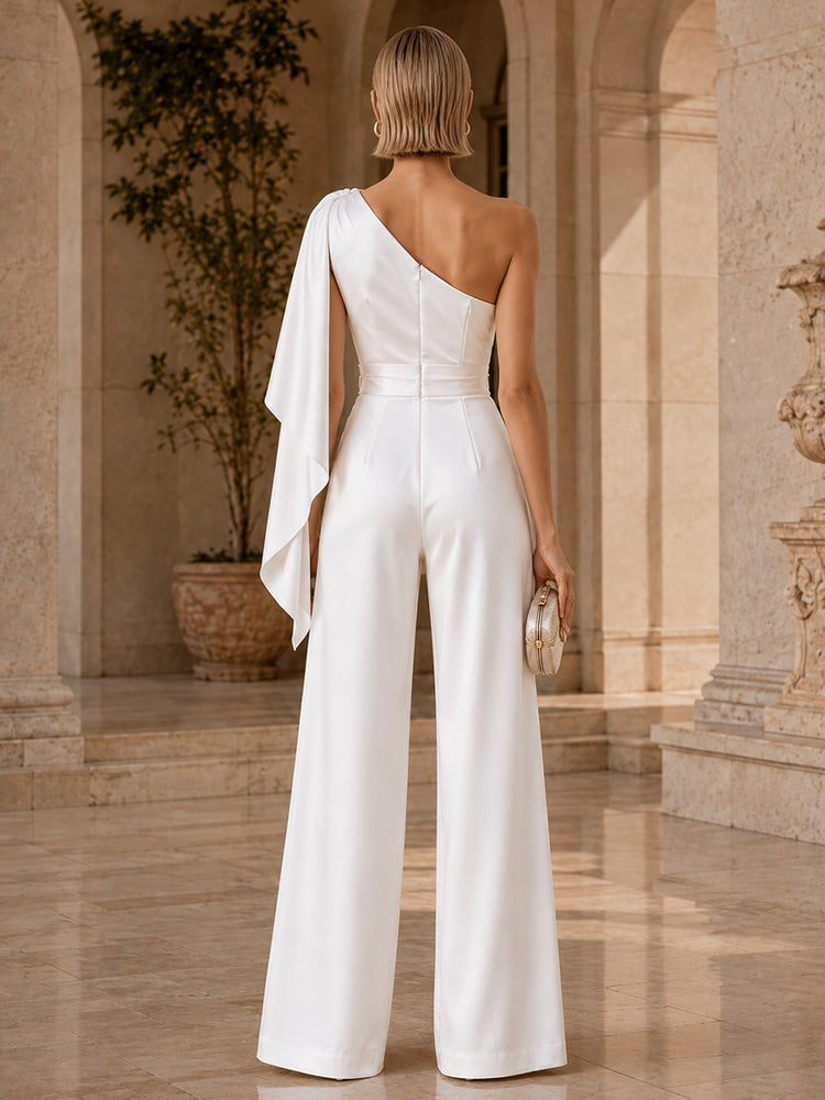 Satin Jumpsuit One Shoulder Long Evening Dresses with Empire Waist