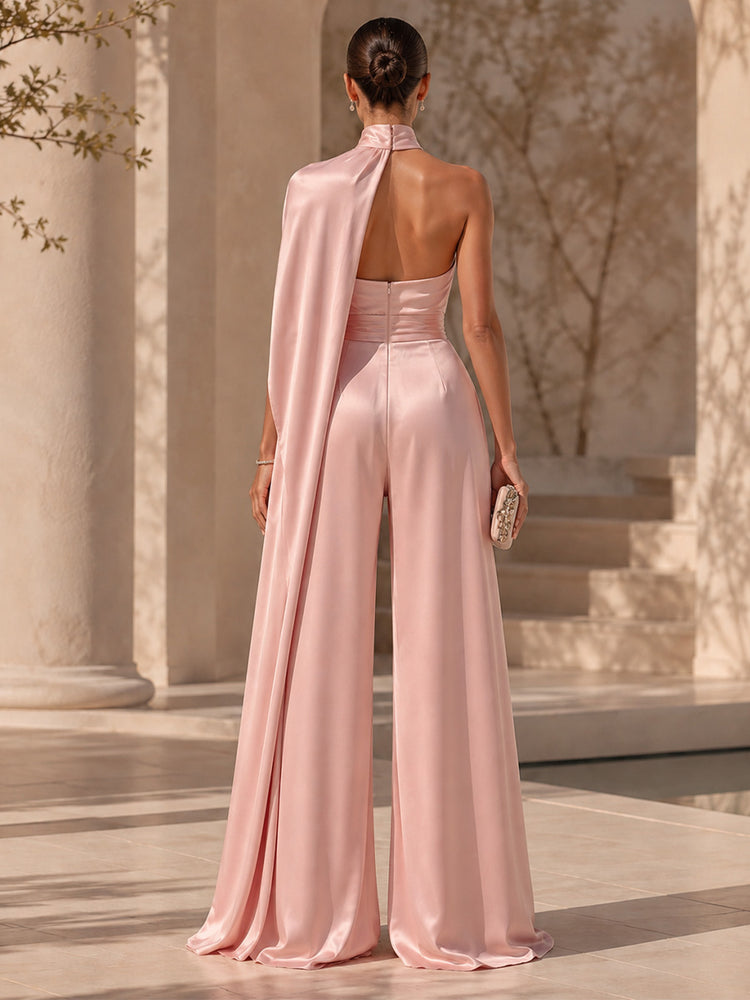 Satin Jumpsuit Halter Long Evening Dresses with Pleated