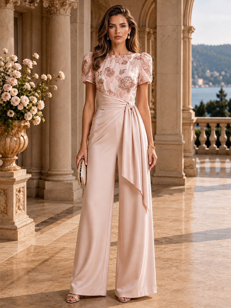 Satin Jumpsuit Cowl Neck Long Evening Dresses with Embroidery