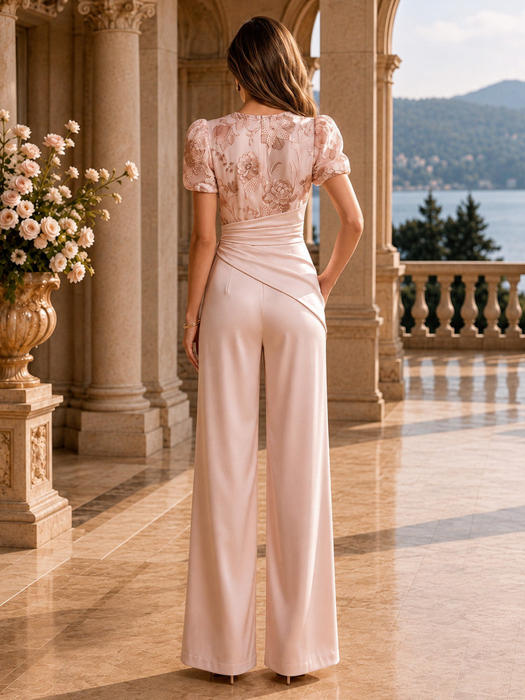 Satin Jumpsuit Cowl Neck Long Evening Dresses with Embroidery