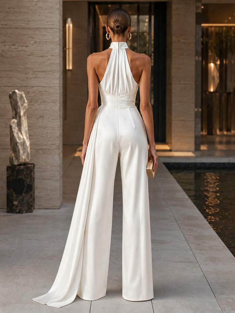 Satin Jumpsuit Halter Long Evening Dresses with Pleated