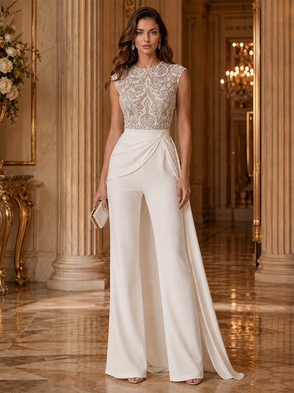 Tulle Jumpsuit Cowl Neck Long Evening Dresses with Lace Applique