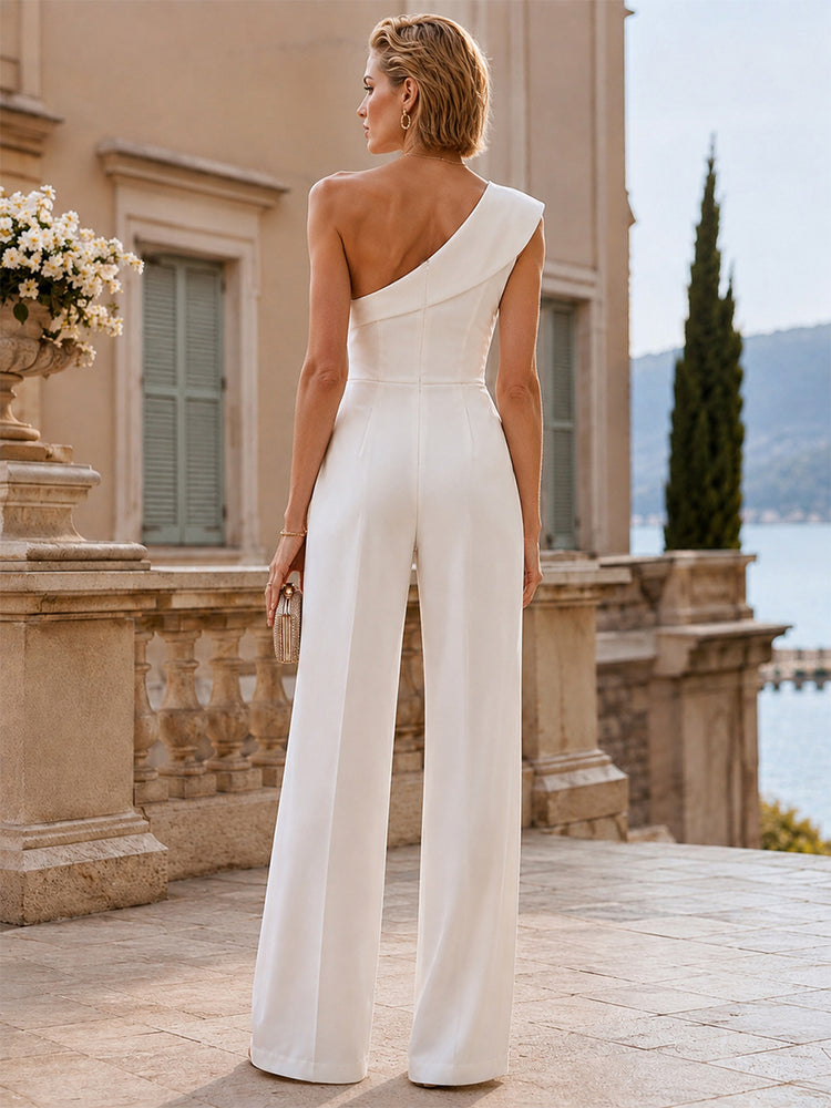 Satin Jumpsuit One Shoulder Long Evening Dresses with Pocket