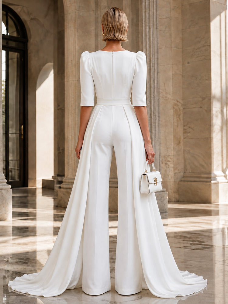 Satin Jumpsuit V Neck Long Evening Dresses with Pleated