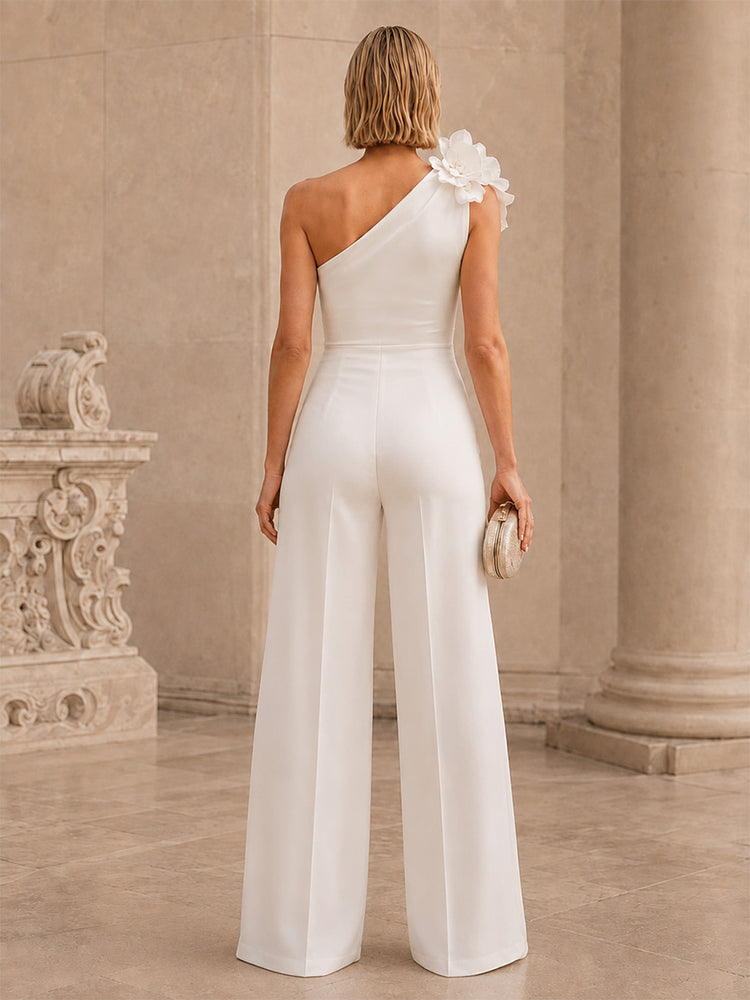 Satin Jumpsuit One Shoulder Long Evening Dresses with 3D Flowers