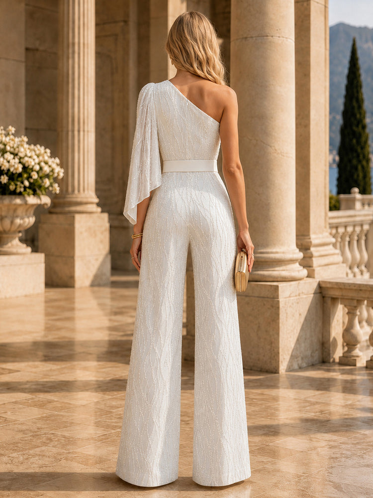 Sequin Jumpsuit One Shoulder Long Evening Dresses with Pleated