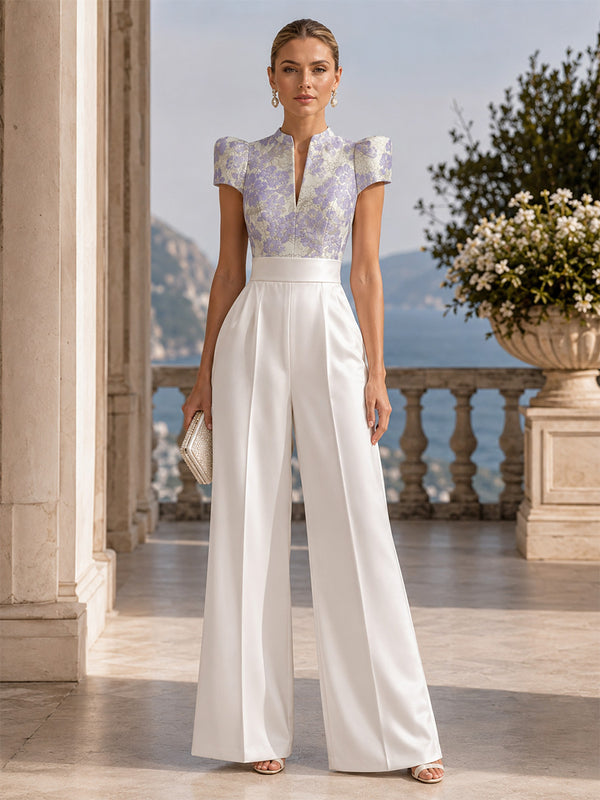 Satin Jumpsuit V Neck Long Evening Dresses with Jacquard