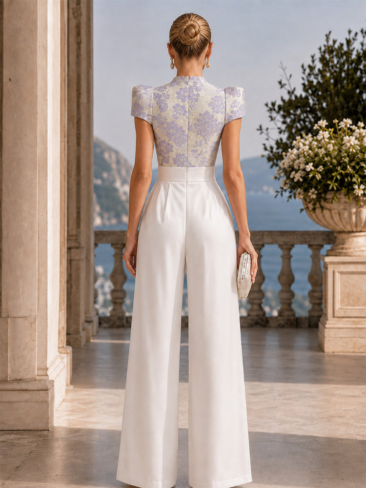Satin Jumpsuit V Neck Long Evening Dresses with Jacquard