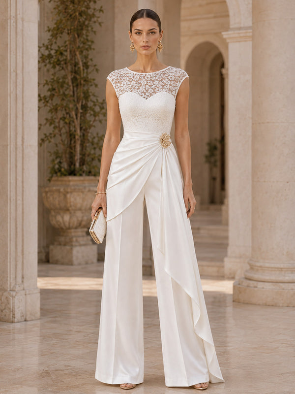 Satin Jumpsuit Boat Neck Long Evening Dresses with Lace Applique