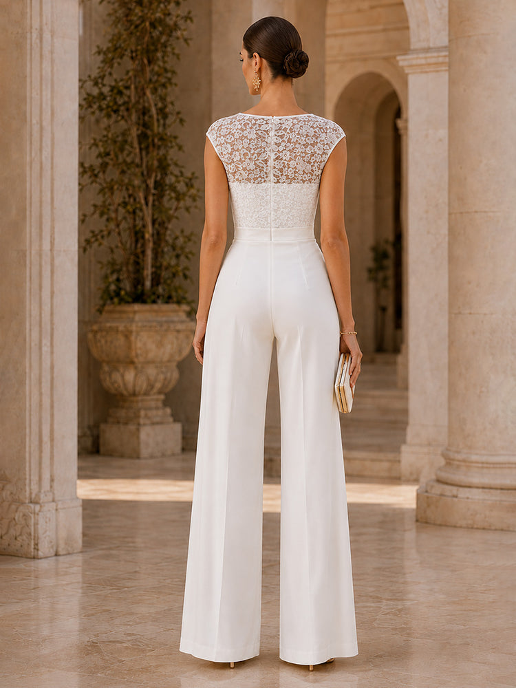 Satin Jumpsuit Boat Neck Long Evening Dresses with Lace Applique