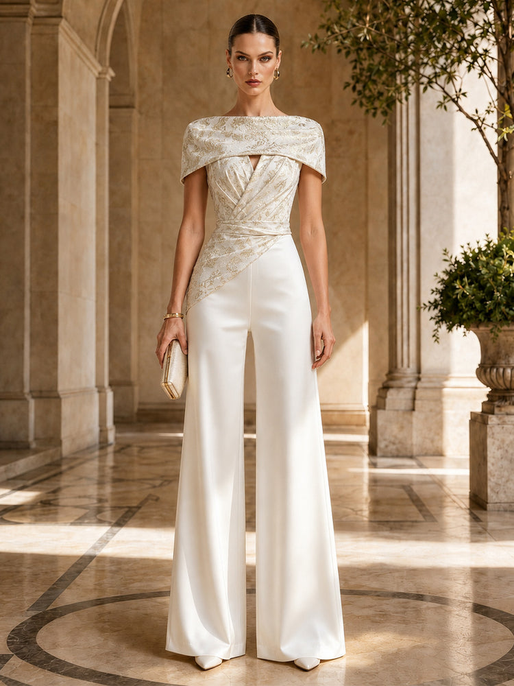Satin Jumpsuit Off the Shoulder Long Evening Dresses with Jacquard