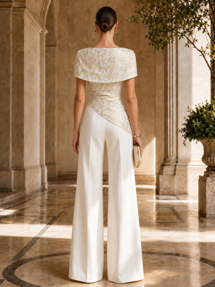 Satin Jumpsuit Off the Shoulder Long Evening Dresses with Jacquard