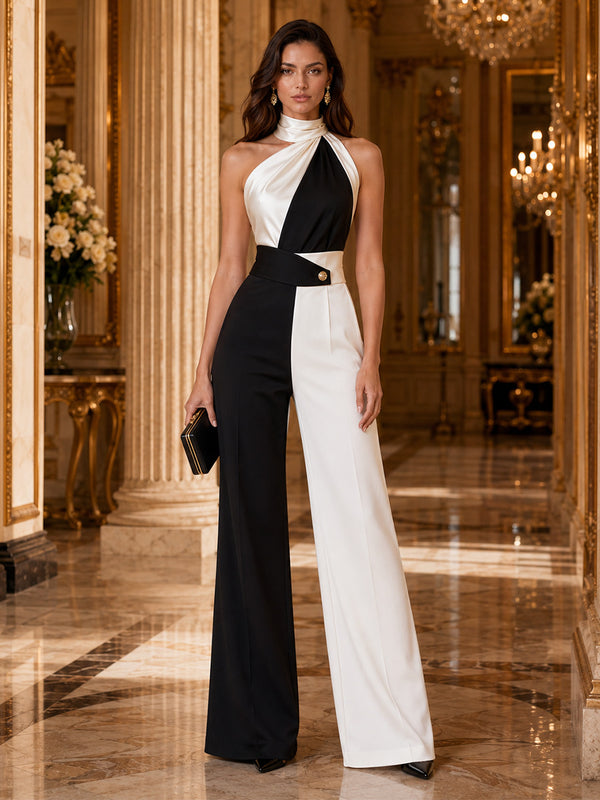 Satin Jumpsuit Halter Long Evening Dresses with Pleated