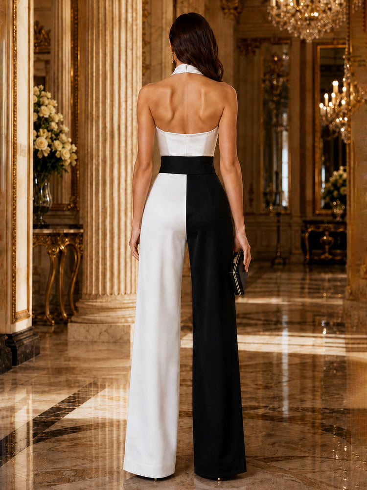 Satin Jumpsuit Halter Long Evening Dresses with Pleated