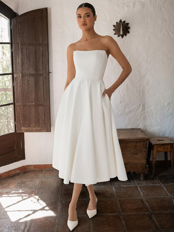 Satin A-Line Strapless Midi Evening Dresses with Pocket