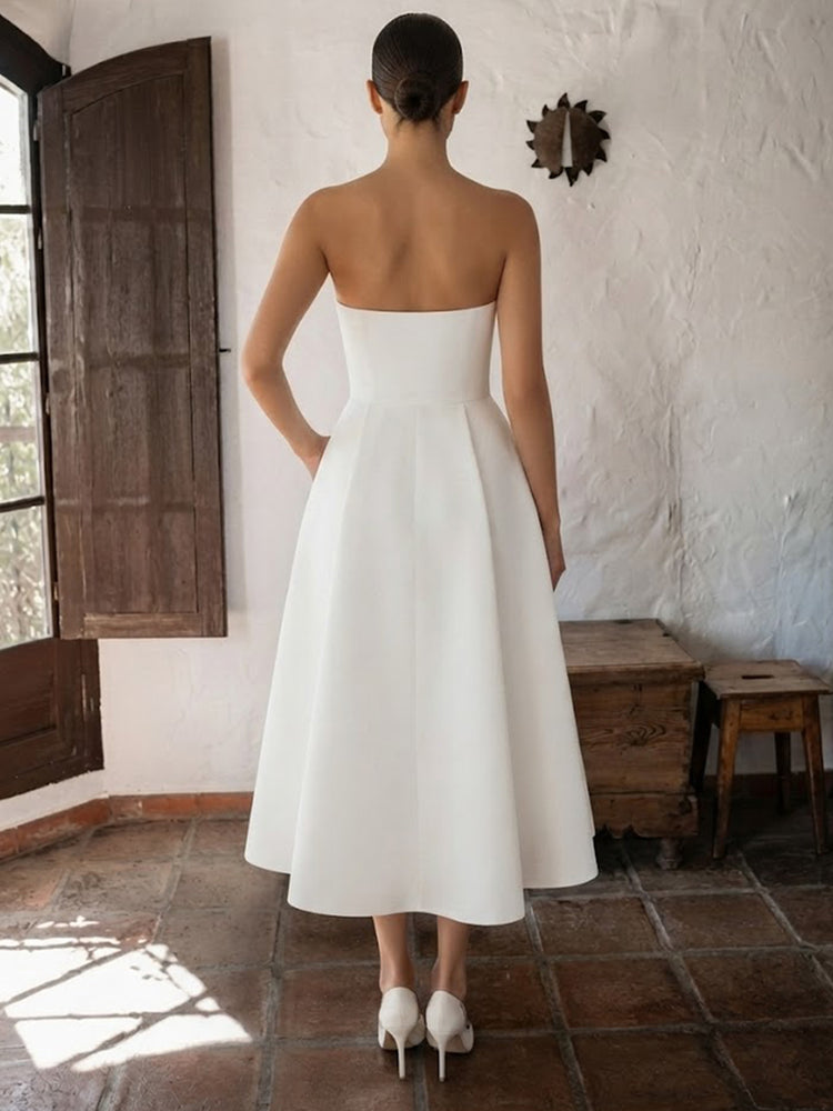Satin A-Line Strapless Midi Evening Dresses with Pocket
