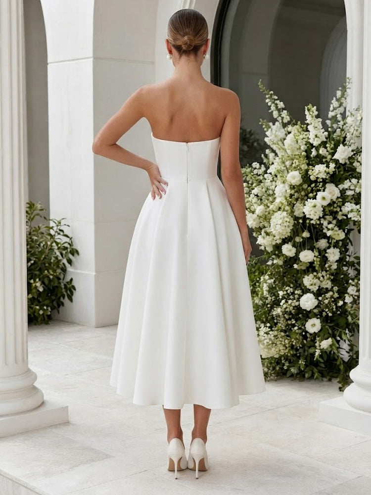 Satin A-Line Strapless Midi Evening Dresses with Pleated