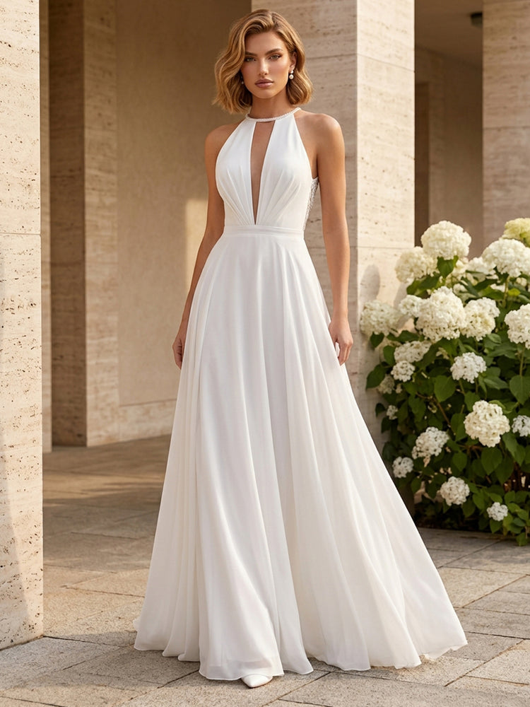 Chiffon A-Line Halter Long Evening Dresses with Pleated