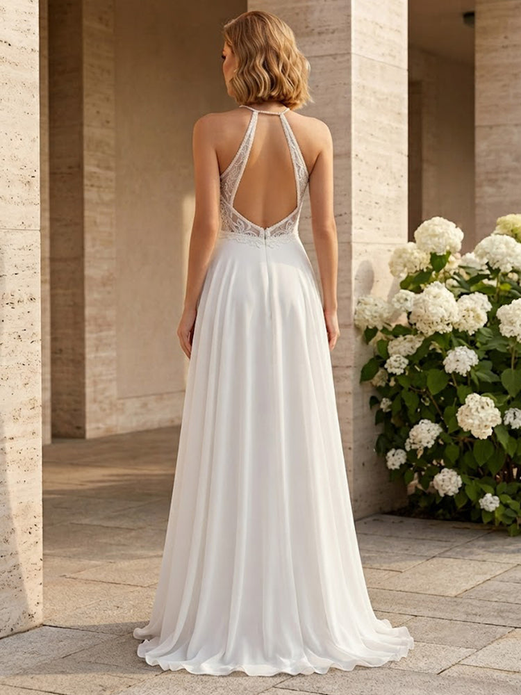 Chiffon A-Line Halter Long Evening Dresses with Pleated