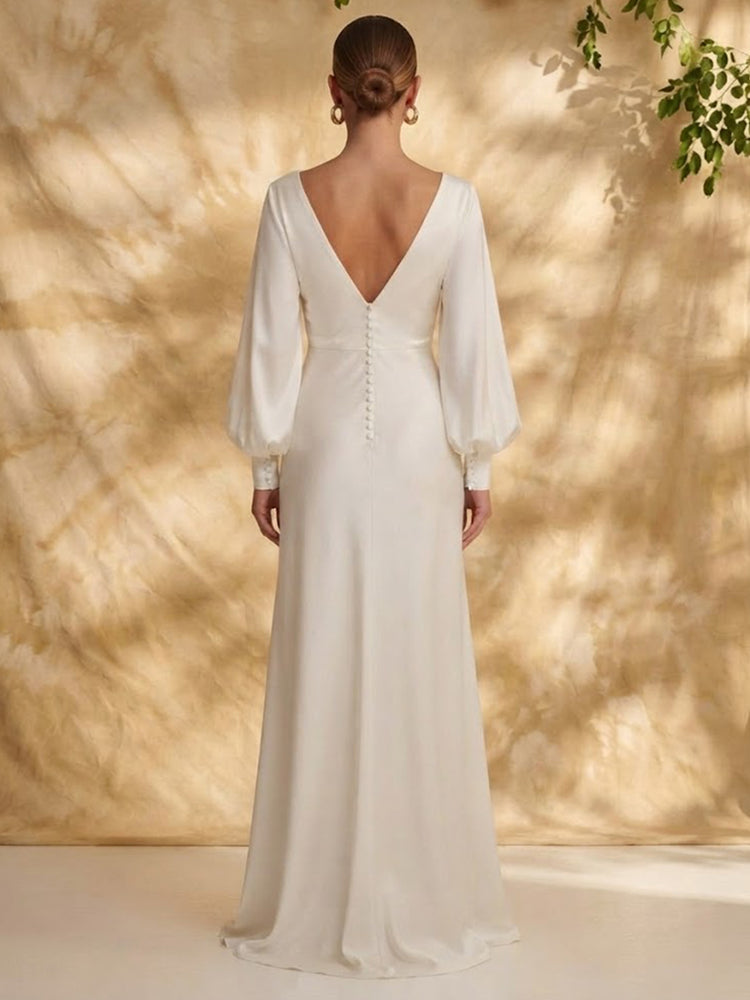 Satin A-Line V Neck Long Evening Dresses with Pleated
