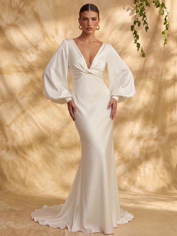 Satin Mermaid V Neck Long Evening Dresses with Pleated