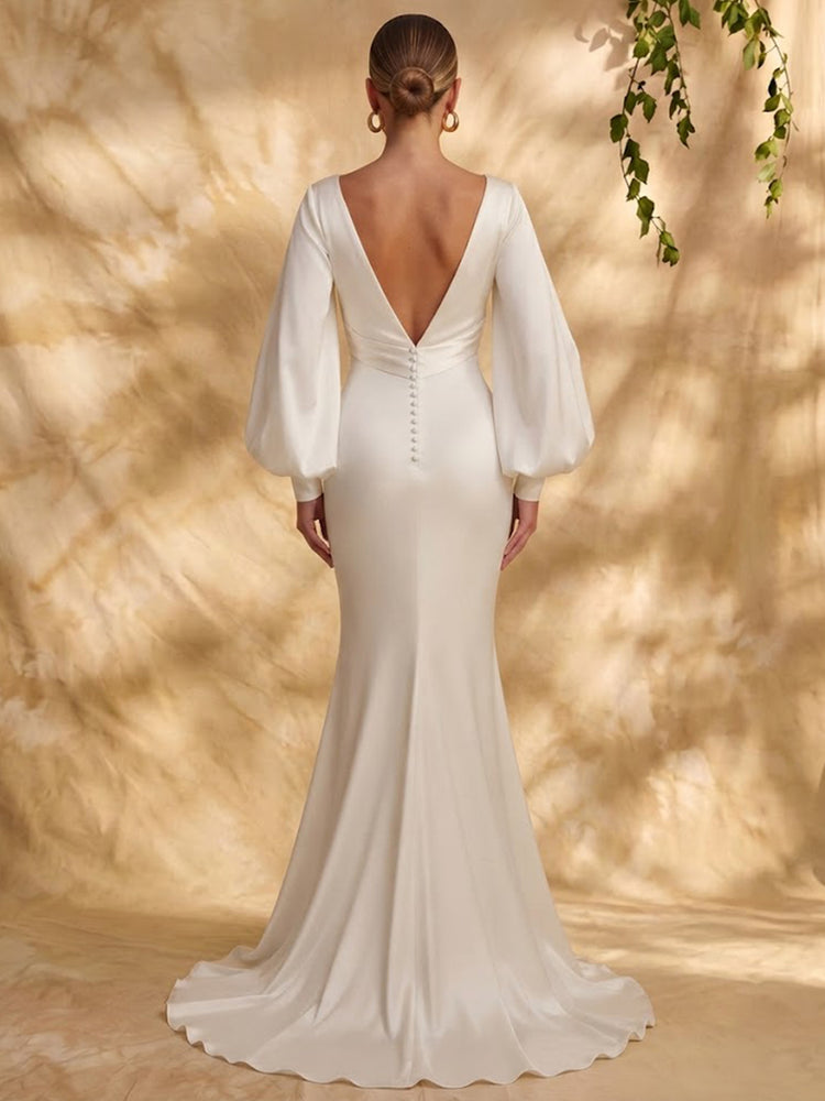 Satin Mermaid V Neck Long Evening Dresses with Pleated
