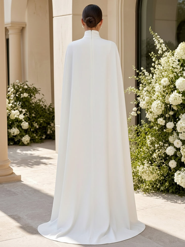 Satin Mermaid High Neck Long Evening Dresses with Cape