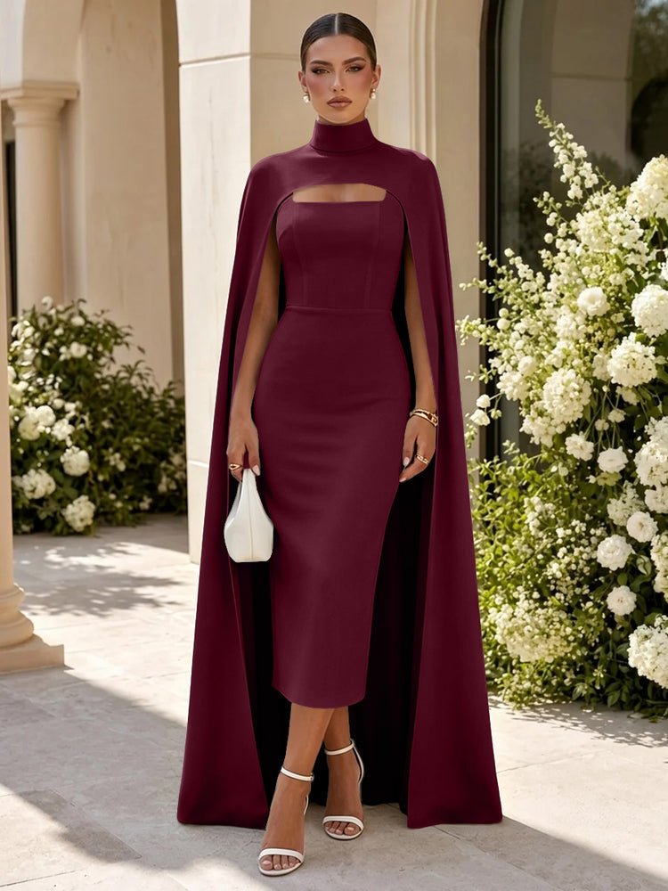 Satin Mermaid High Neck Long Evening Dresses with Cape