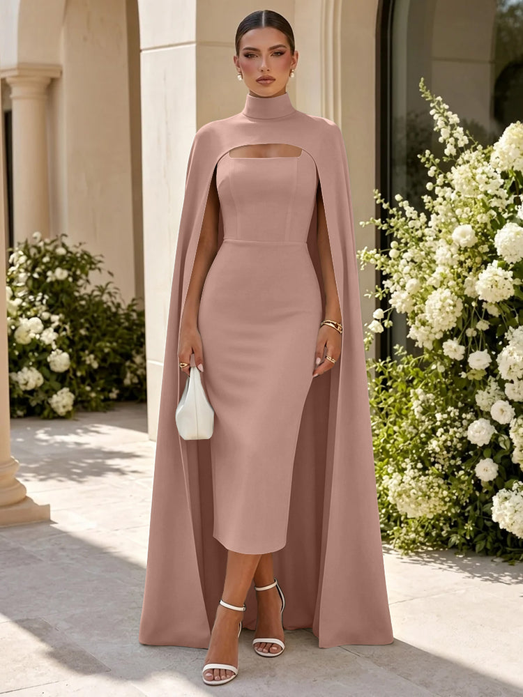 Satin Mermaid High Neck Long Evening Dresses with Cape