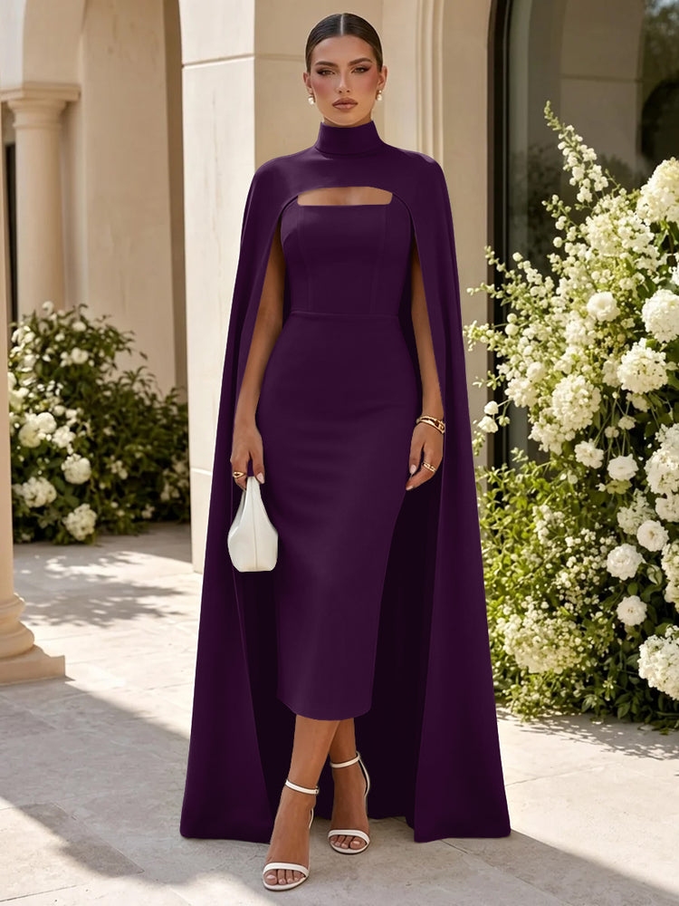 Satin Mermaid High Neck Long Evening Dresses with Cape