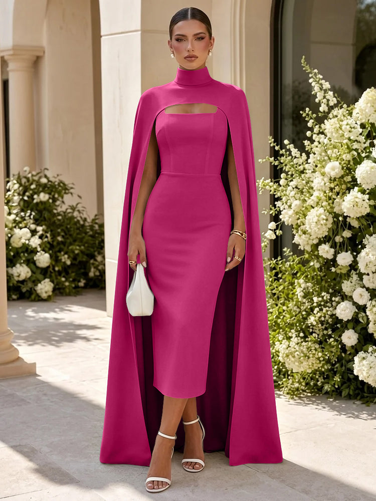Satin Mermaid High Neck Long Evening Dresses with Cape