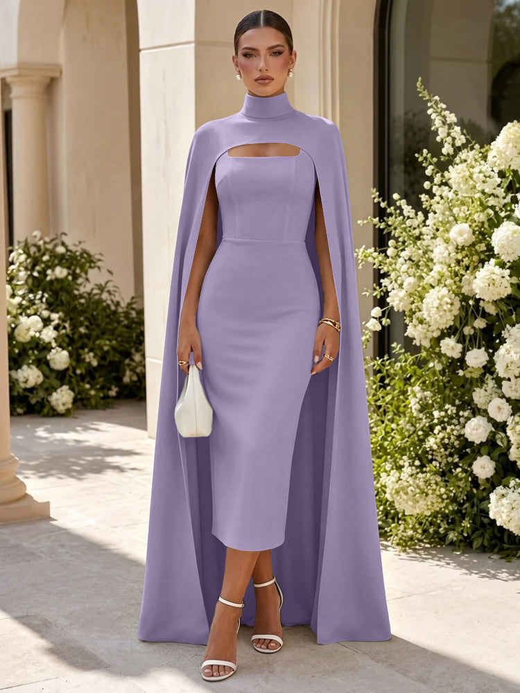Satin Mermaid High Neck Long Evening Dresses with Cape
