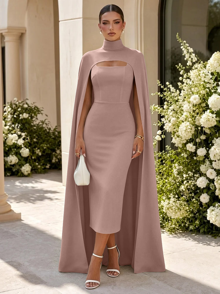 Satin Mermaid High Neck Long Evening Dresses with Cape