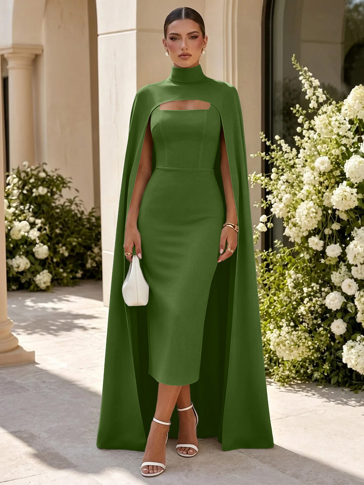 Satin Mermaid High Neck Long Evening Dresses with Cape