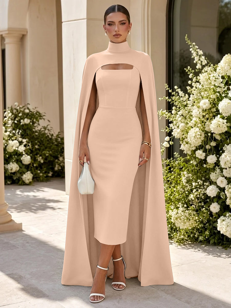 Satin Mermaid High Neck Long Evening Dresses with Cape