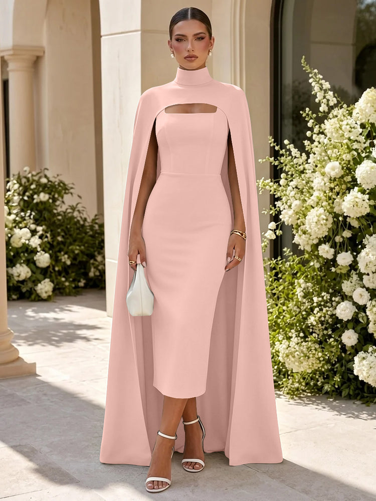 Satin Mermaid High Neck Long Evening Dresses with Cape
