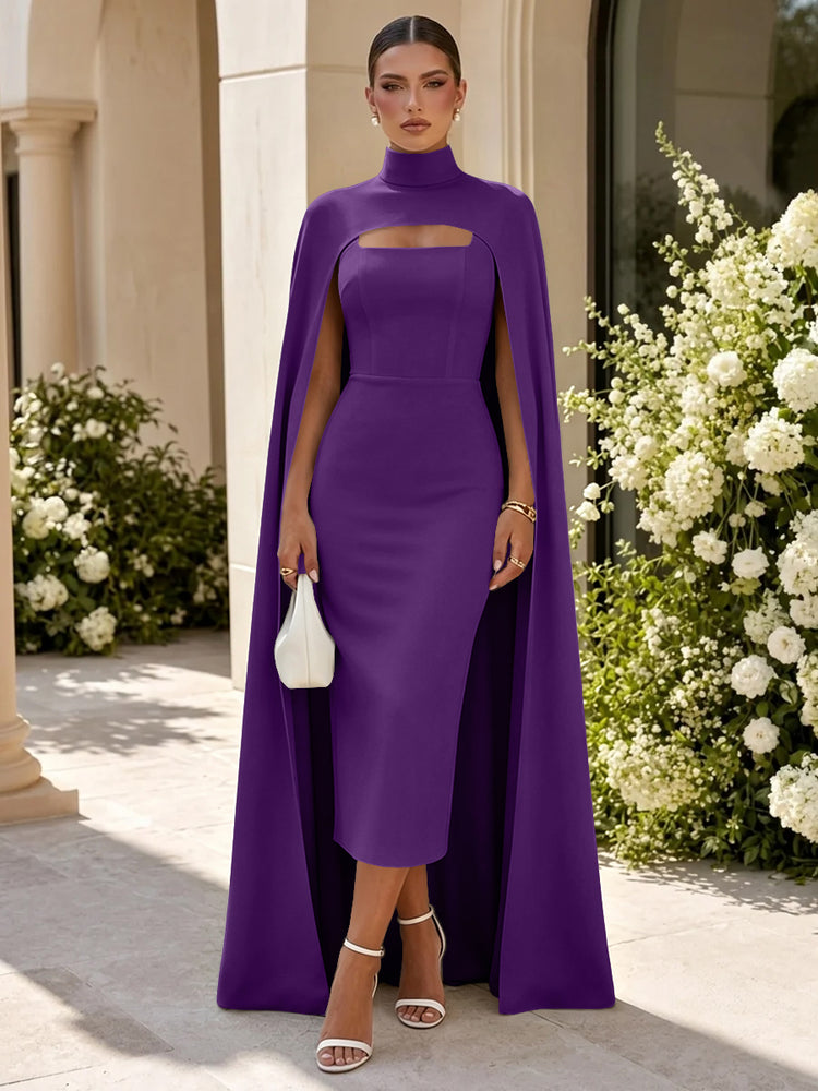 Satin Mermaid High Neck Long Evening Dresses with Cape