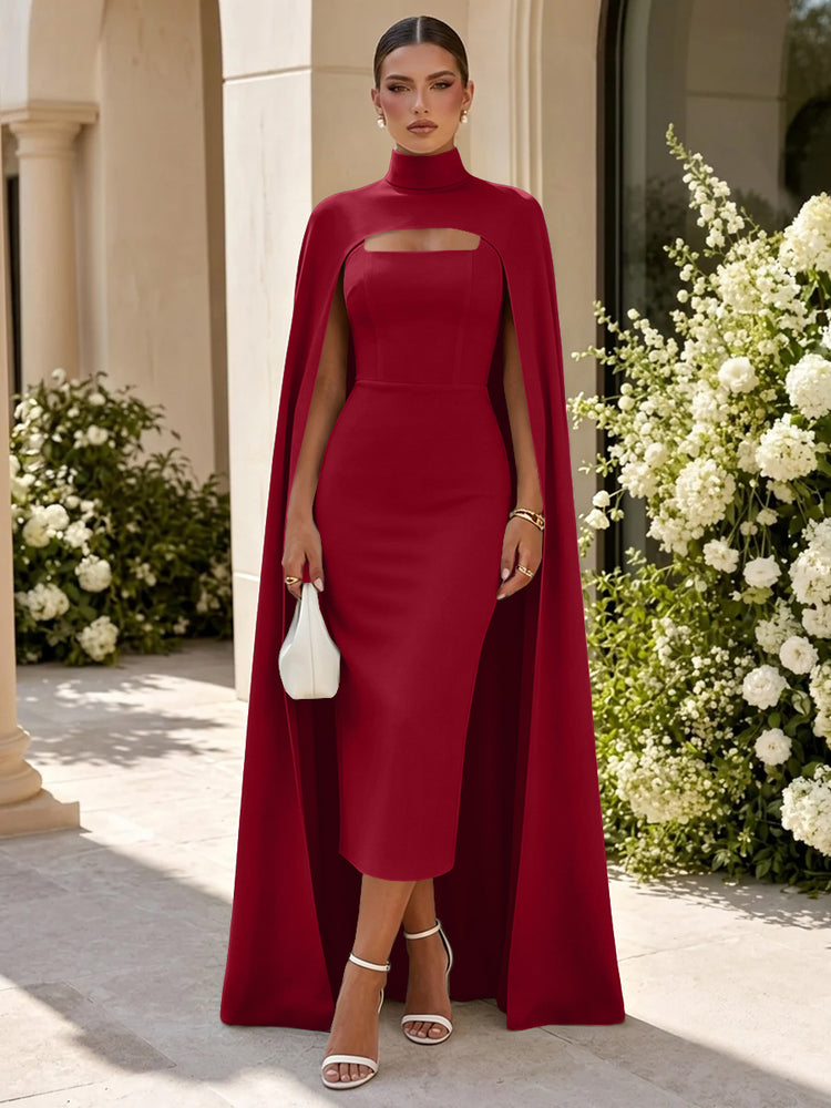 Satin Mermaid High Neck Long Evening Dresses with Cape