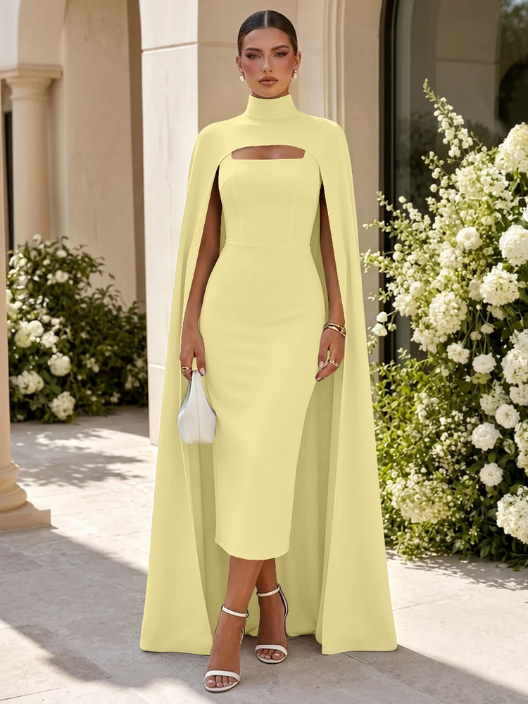 Satin Mermaid High Neck Long Evening Dresses with Cape