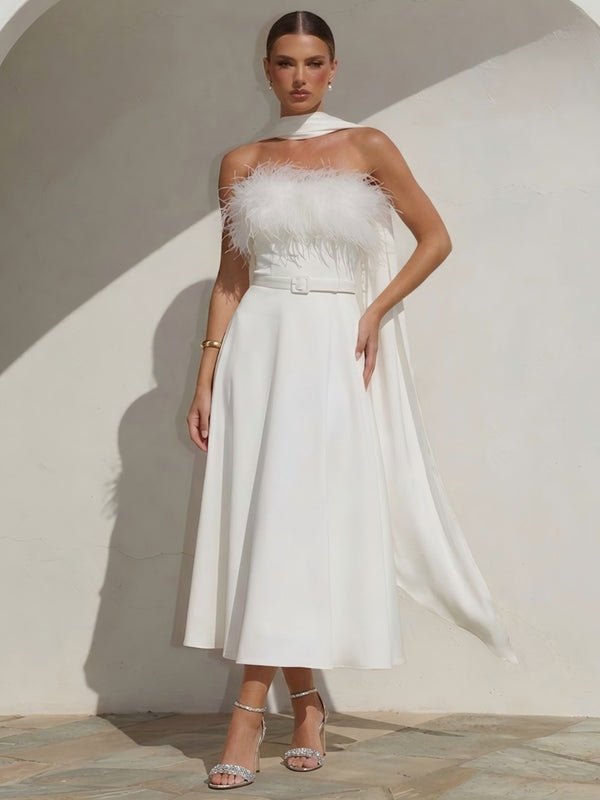 Satin A-Line Strapless Long Evening Dresses with Feather