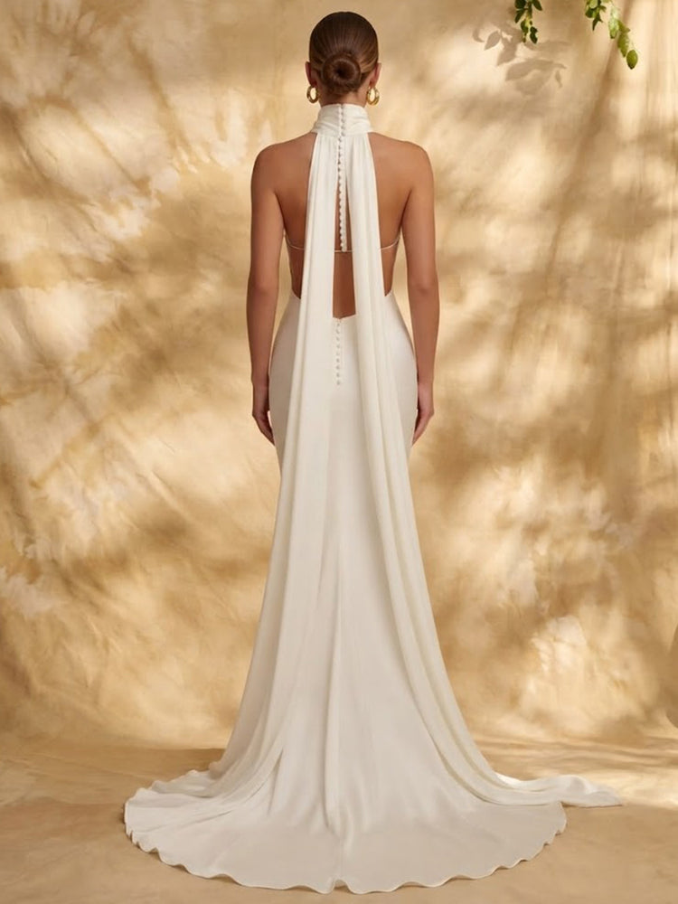 Satin Mermaid Halter Long Evening Dresses with Pleated