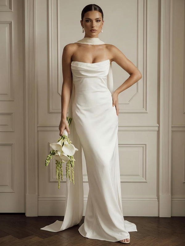 Satin Mermaid Strapless Long Evening Dresses with Scarf