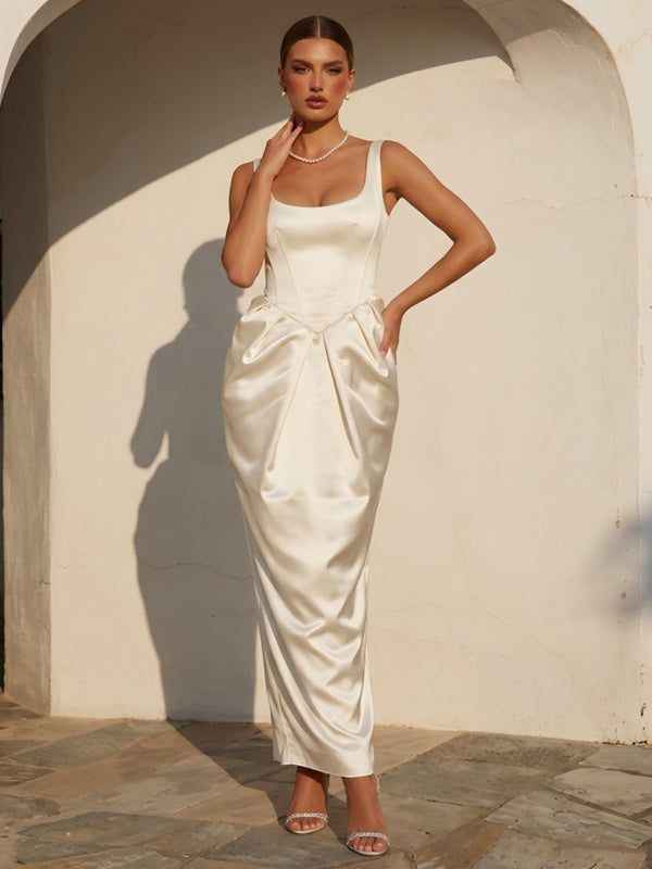 Satin Mermaid Spaghetti Straps Long Evening Dresses with Pleated