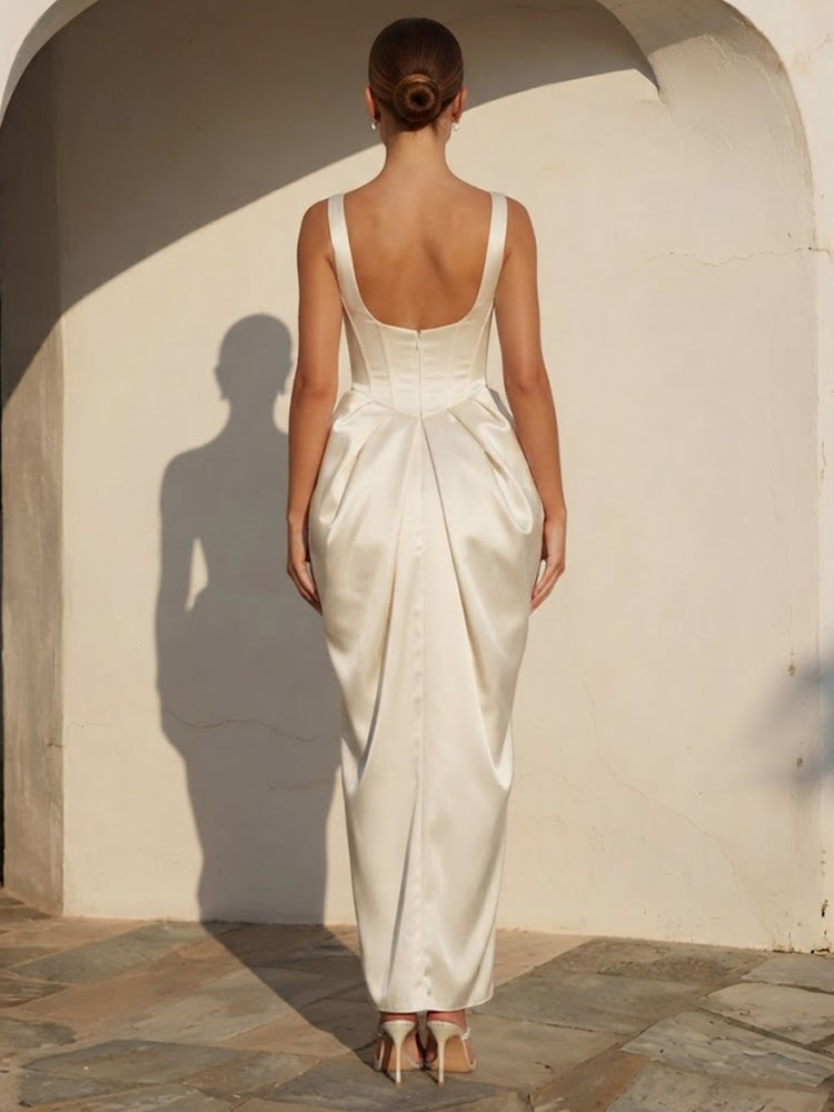Satin Mermaid Spaghetti Straps Long Evening Dresses with Pleated